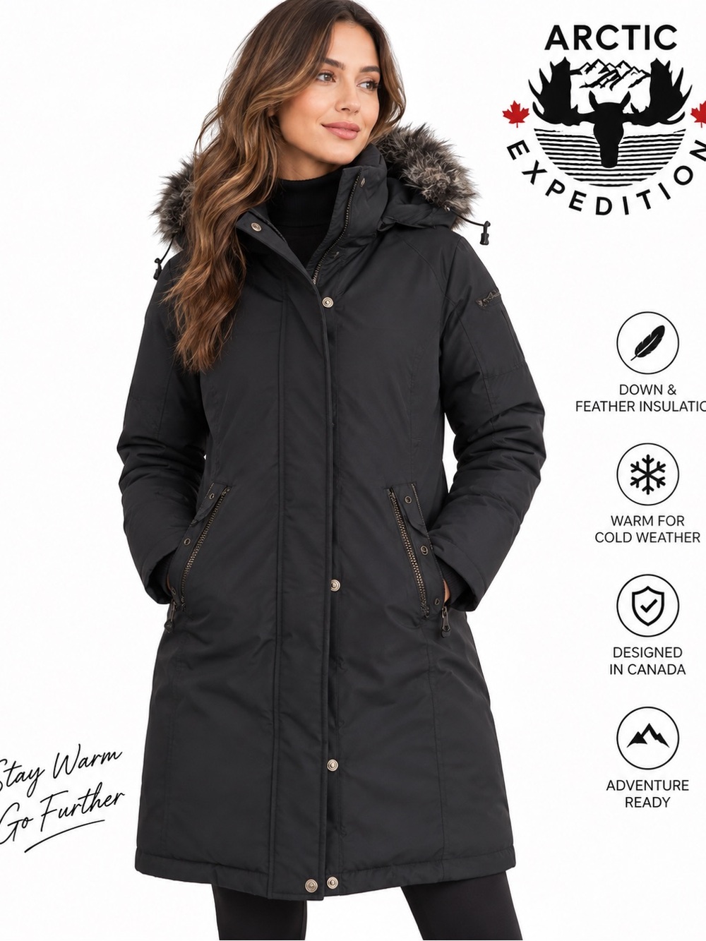 Arctic Expedition Black Down Parka Faux Fur Hood Winter Coat Size M